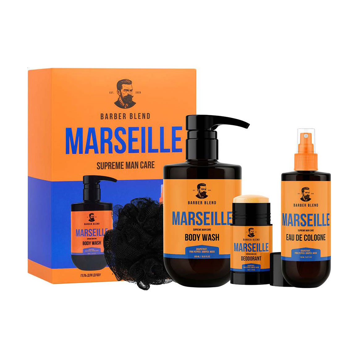 Подарунковий набір для чоловіків Barber Blend Marseille (одеколон, 150 мл + гель для душу, 500 мл + дезодорант, 50 г + мочалка, 1 шт)